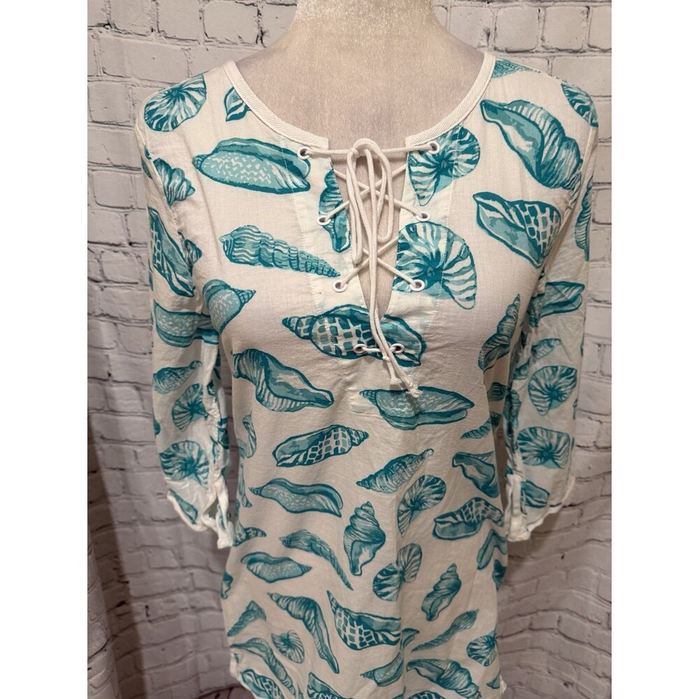Mud Pie Aqua & White Sea Shell Swim Cover Up Perfect for Vaca/Cruise/Pool Small - Picture 2 of 7